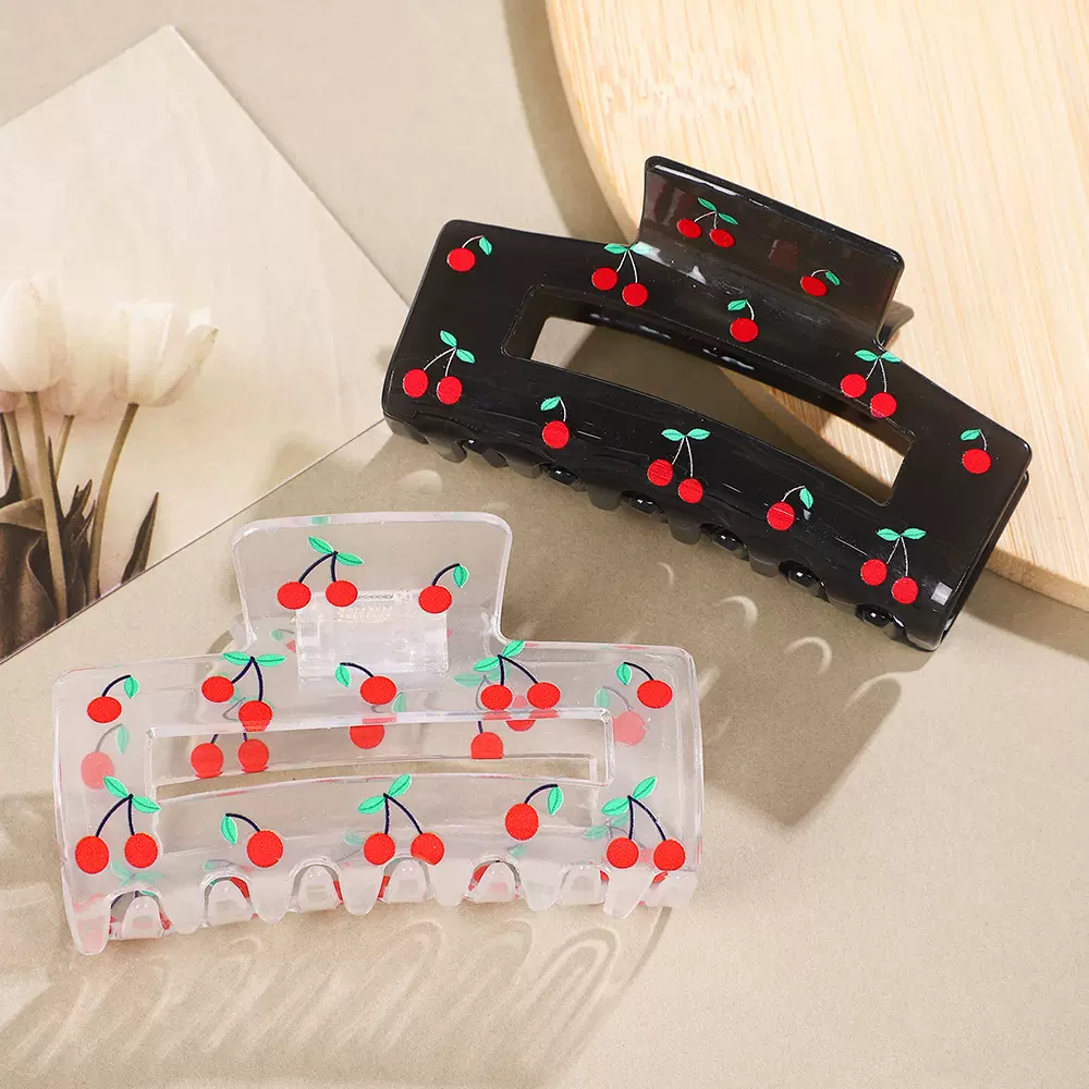 可爱樱桃主题抓夹甜美亚克力发夹清新透明鲨鱼夹女俏皮马尾夹发饰