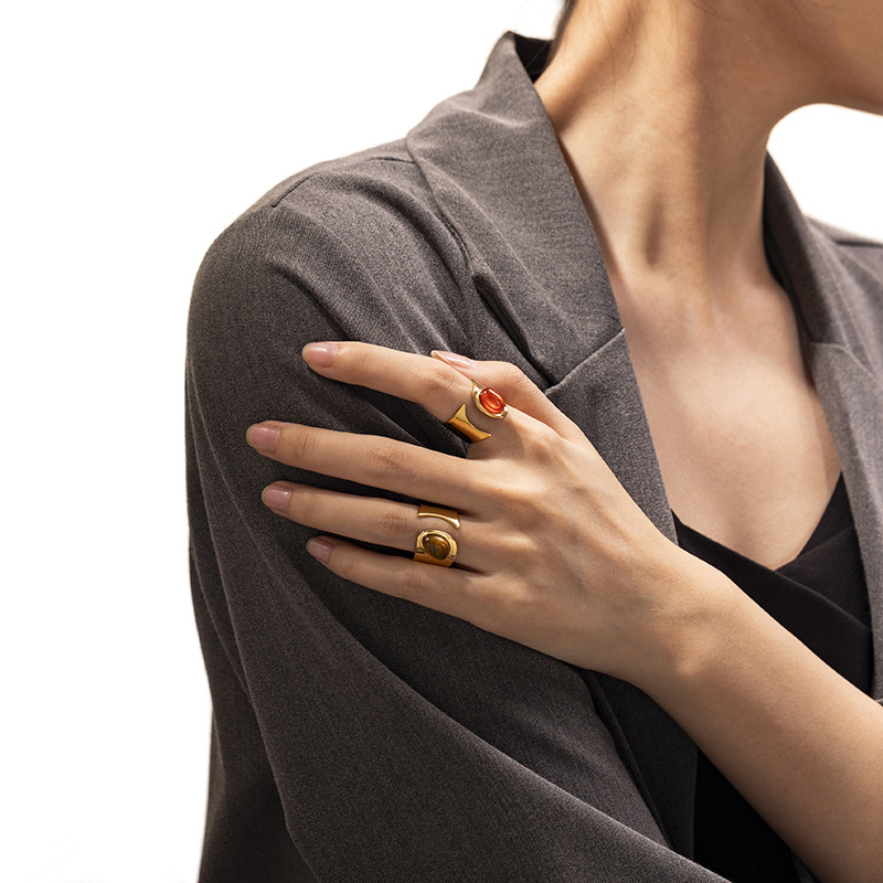Tina 18K oro tigre ojo titanio anillo de acero mujer no desvanecer piedra natural ágata anillos de acero inoxidable bandera joyería