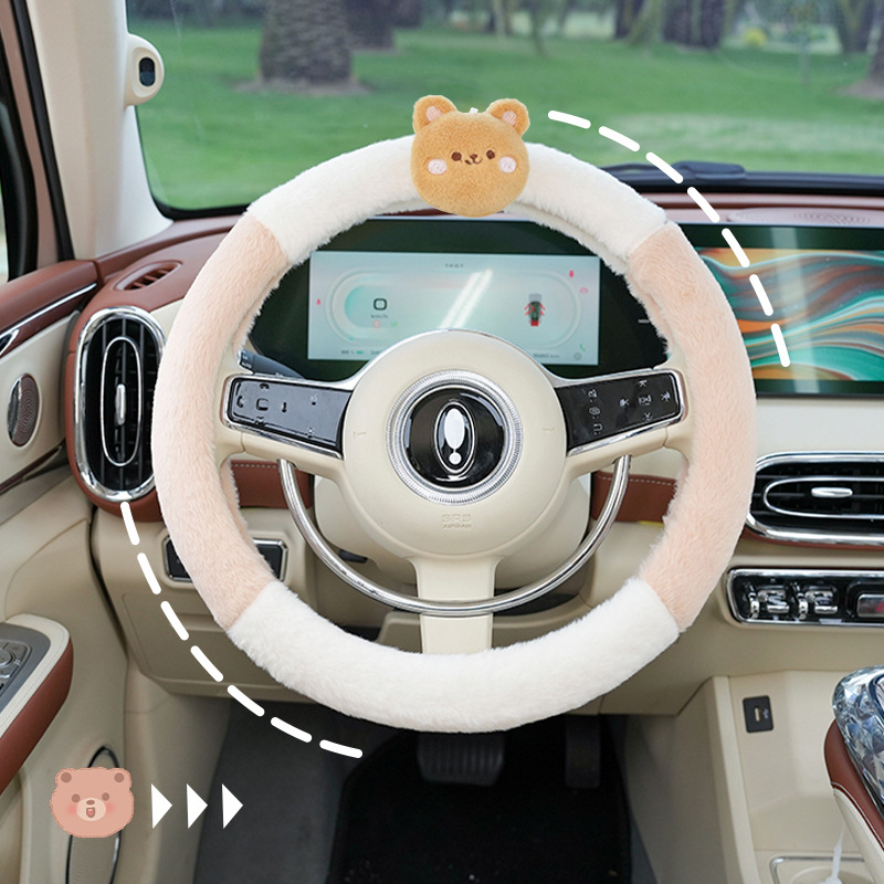 Winter Car Steering Wheel Cover Cartoon Cute Four-piece Bear And Rabbit Warm Car Handlebar Cover Anti-slip Hand Warmer Steering Wheel Cover