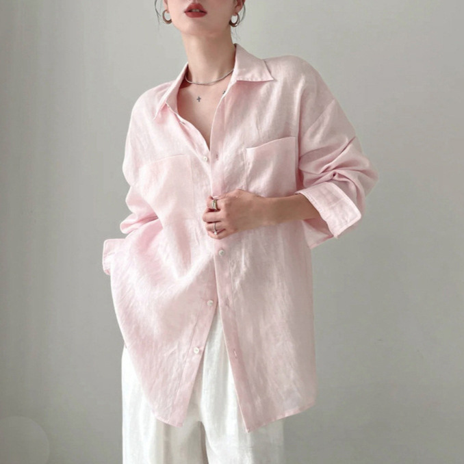 Super Stylish Loose Pink Pure Linen Shirt for Women, 2026 New Model, Long-Sleeve, High-End Luxury Cotton-Linen Women's Top