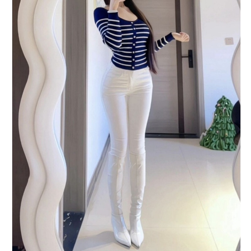 Korean Dongdaemun White High-Waisted Butt-Lifting Slim-Fit Skinny Jeans for Women, Versatile and Leg-Lengthening, Cropped Length