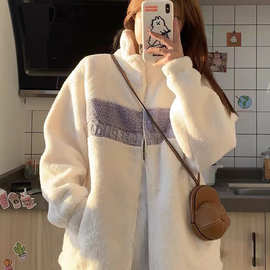 韩版拼色仿羊羔毛卫衣女秋冬款加绒加厚慵懒保暖毛茸棉服宽松外套