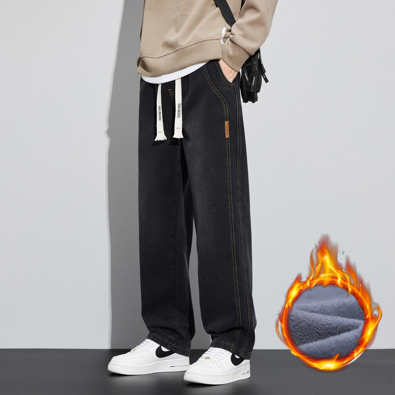 Jeans 2023 de los hombres con forro polar popular primavera y otoño rectos sueltos cintura ajustada pierna ancha casual pantalones largos Otoño e Invierno