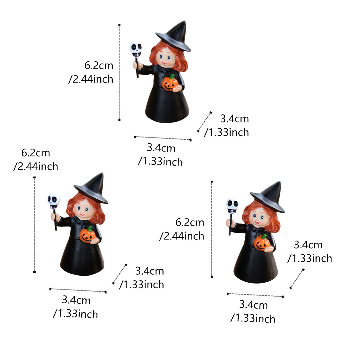 Halloween Decoration Scene Layout Props Little Witch Set of Three Creative Handheld Skeleton Ghost Head Witch Ornaments 