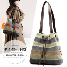 亚马逊跨境新款帆布拼条包女包大中学生通勤托特包包工厂货源手提