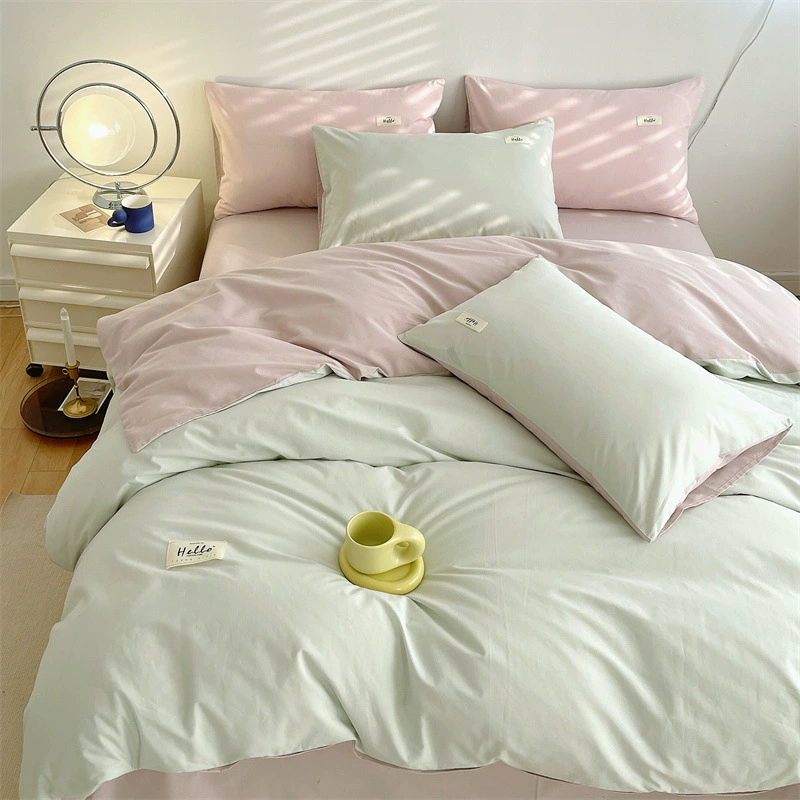 Комплект из четырех предметов из хорошего хлопка без принта в японском стиле, контрастный цвет, чистый цвет, выстиранная Простыня из чистого хлопка, двойное пододеяльник, комплект из 4 предметов
