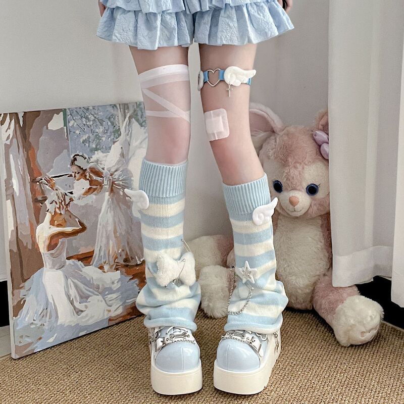 Original Y2K Subculture Aqua Blue and White Striped Bell-Shaped Leg Warmers Japanese Style Harajuku Slouch Socks