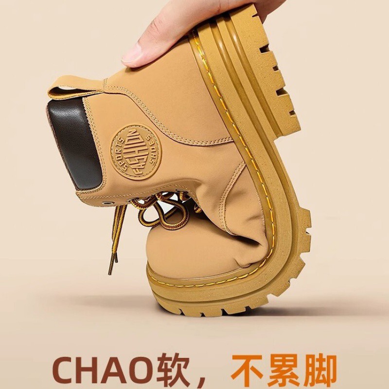 Boots, Rhubarb Boots for Men and Women, Genuine Leather Thick-Soled Winter Fleece-Lined, Height-Increasing Work Boots Made in Putian