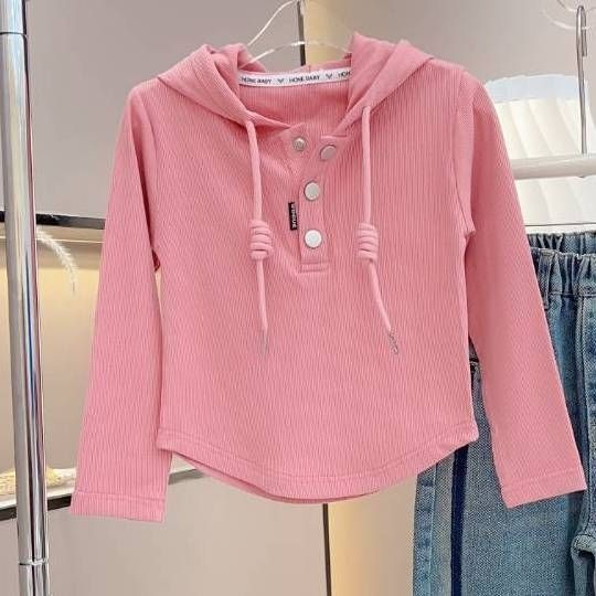 Girls' Spring and Autumn 2024 New Long-Sleeved Hooded T-Shirt, Korean Style, Thin, Suitable for Outerwear, Children's Solid Color, Simple Base Layer Shirt, Trendy