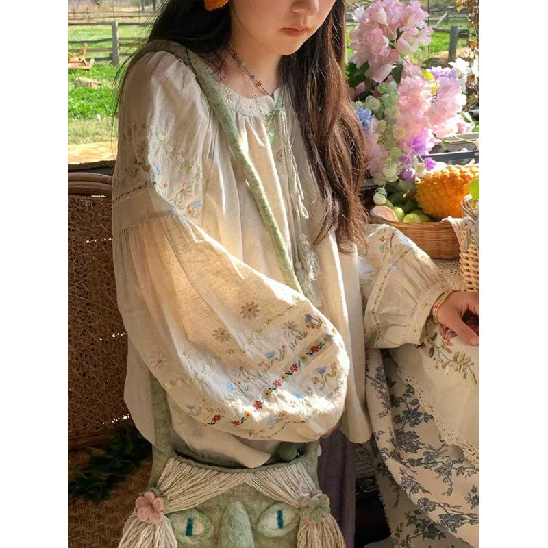 古着商店"蜂蜜雏菊"复古亚麻棉长袖衬衫女春宽松刺绣灯笼袖上衣|undefined