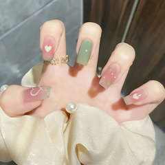 穿戴式夏季顯白綠色腮紅愛心美甲貼片成品可拆卸中長款梯形美甲貼