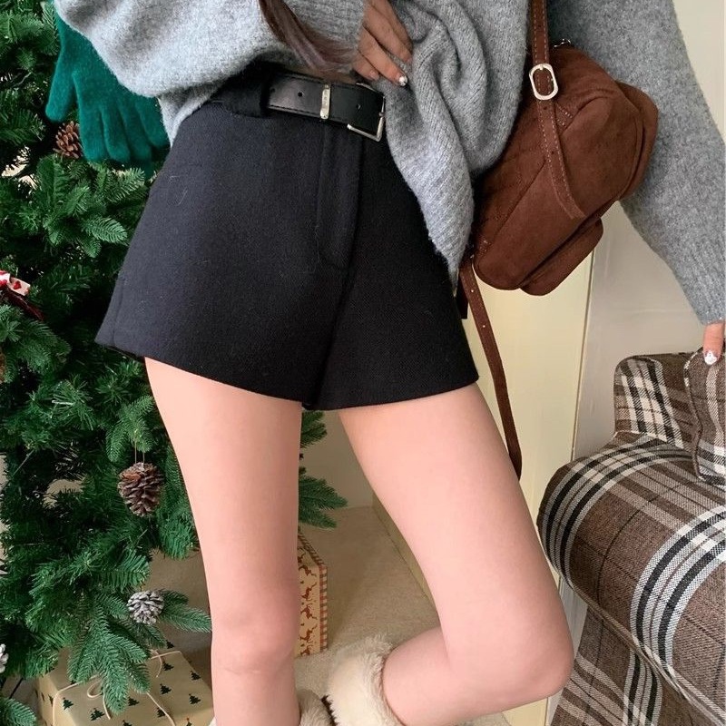 灰色高腰A字毛呢短裤女秋冬款辣妹显腿长显瘦阔腿裤西装休闲热裤