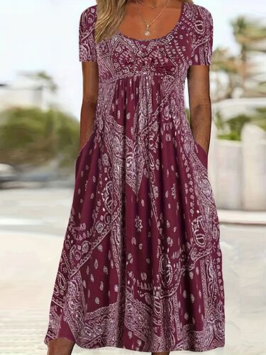 European and American summer new long dress, mid-waist, short-sleeved round neck, retro printed, comfortable casual style pullover long dress