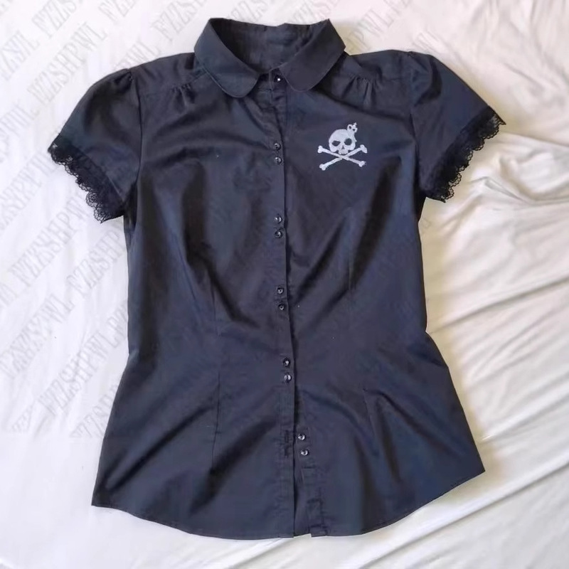 European and American Cross-Border New Women's Short-Sleeved Embroidered Shirt Skull Short-Sleeved Shirt Hot Season Pattern Printed Shirt European and American Cross-Border New Women's Short-Sleeved Embroidered Shirt Skull Short-Sleeved Shirt Hot Season Pattern Printed Shirt