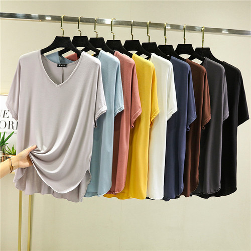 Modest women's V-neck plain T-shirt, plus size loose Korean style versatile outerwear top, thin and slimming base shirt