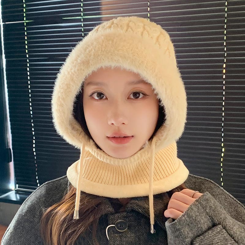 新款连体帽女冬季骑行加绒加厚遮脸护耳针织帽子围脖口罩保暖套件|undefined