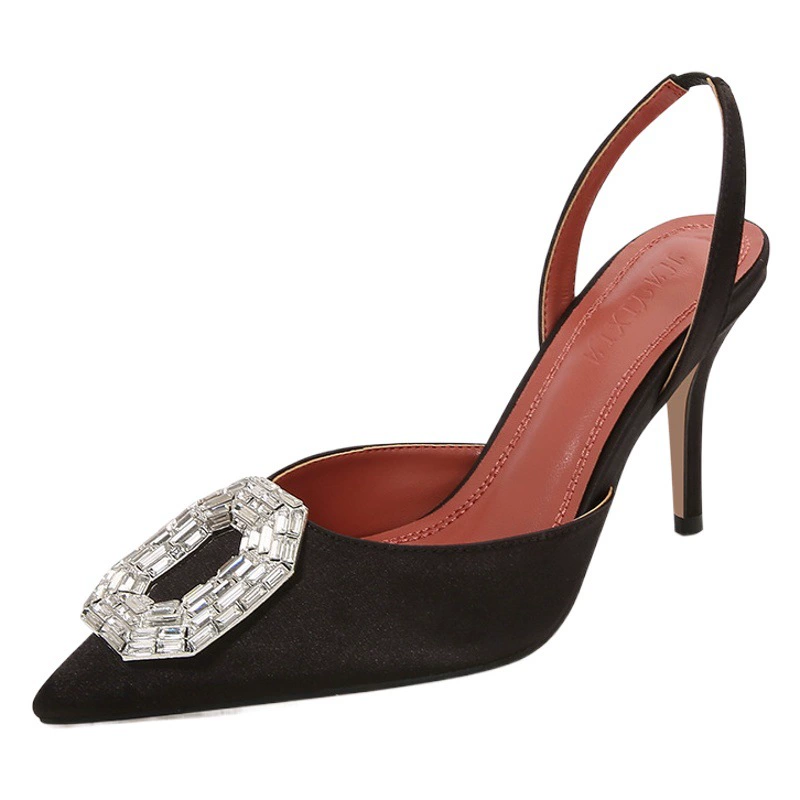 Женские босоножки на высоком каблуке-шпильке, с острым носком, из атласа со стразами, закрытые, большие размеры, 2023 год, универсальные, для трансграничного дропшиппинга.