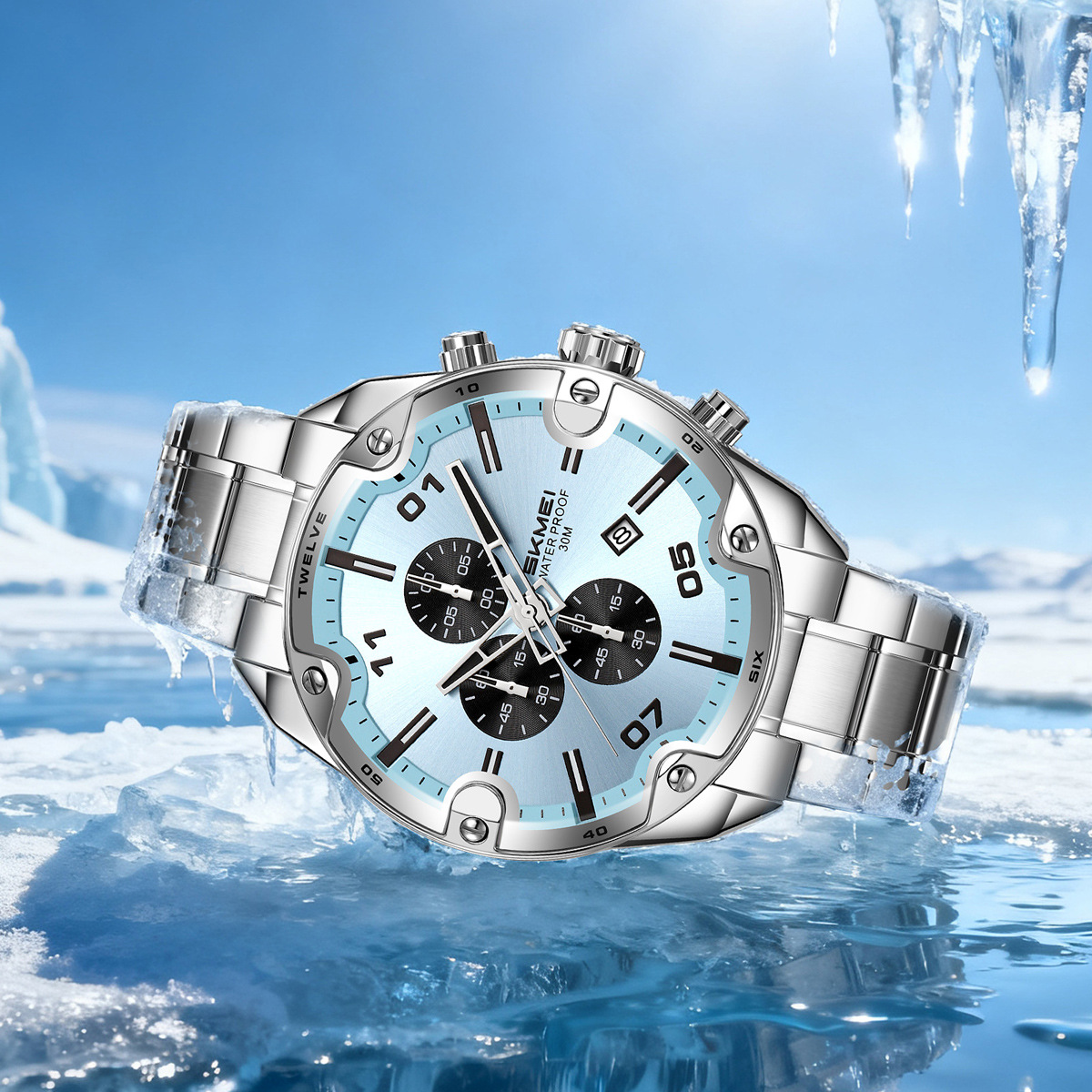 Momento de belleza reloj de hombre tres ojos multifuncional impermeable reloj de hombre correa de acero relojes de pulsera personalizados transfronterizos fábrica al por mayor