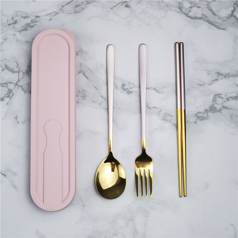 304 de acero inoxidable vajilla estilo coreano palillos conjunto de tres piezas traje portátil estudiante comedor al aire libre logotipo impreso