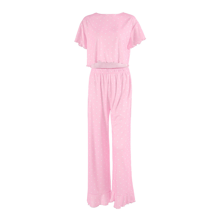 국경 2025 유럽과 미국의 봄 사랑 반팔 바지 인쇄 여성용 홈 의류 니트 할로우 파자마 투피스 세트