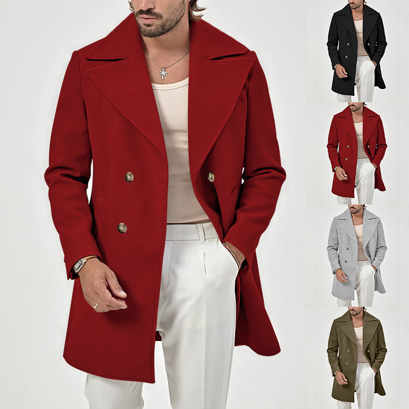 Men's suit collar medium length men's casual solid color versatile windbreaker coat_voghion.com