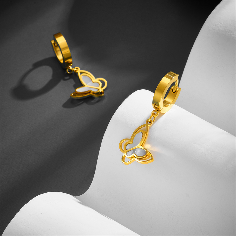 Fashion Butterfly Titanium Steel Plating Hollow Out Inlay Shell Drop Earrings 1 Pair