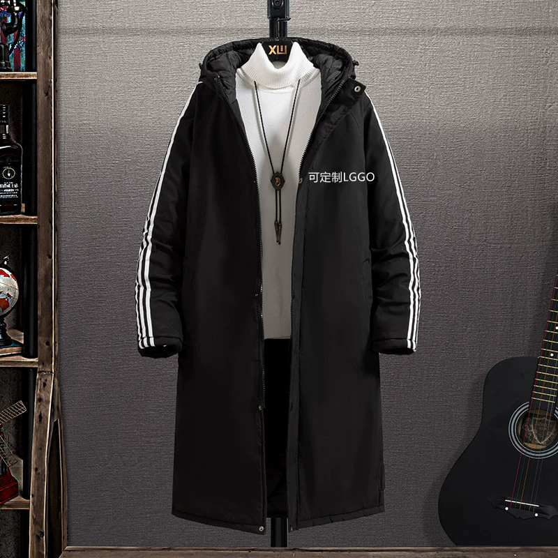 2022 Зимняя длинная стеганая куртка с тремя полосками Утолщенная пара с капюшоном Модная свободная утолщенная куртка больших размеров с хлопковой подкладкой