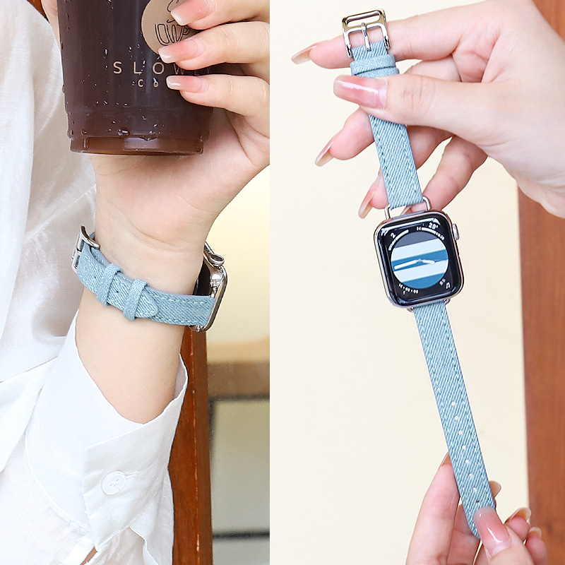 Suitable for apple watch strap 1-S9 series apple watch strap white Denim fabric watch strap thin girl