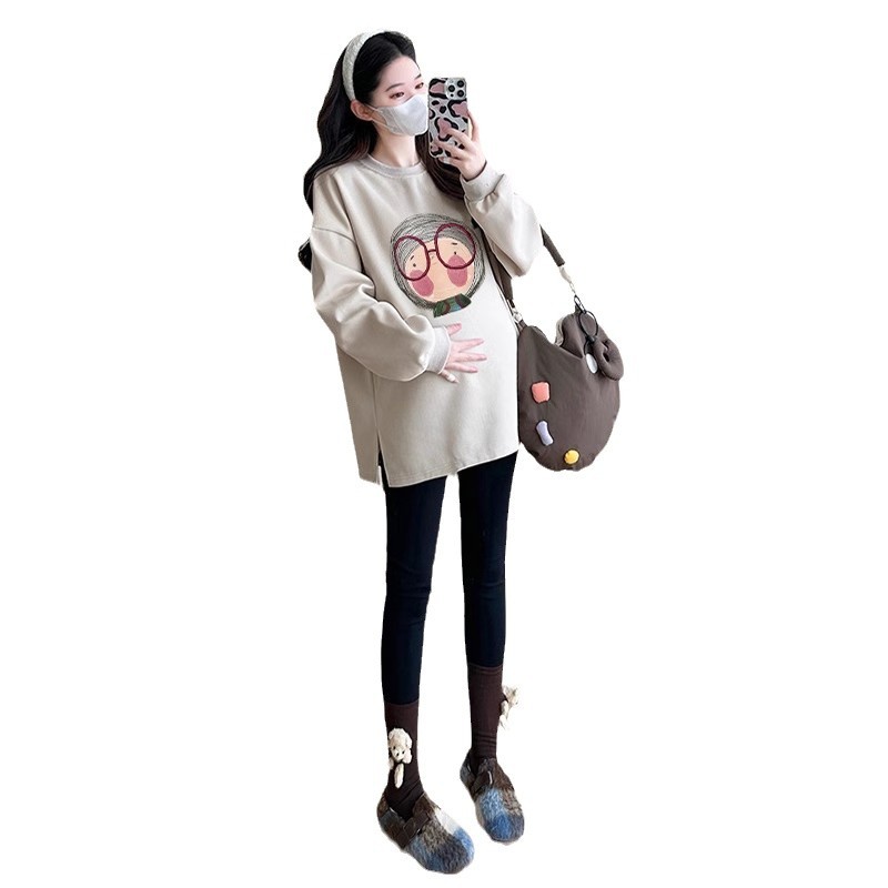 2025년 신상 임부복 봄 가을 투피스 슈트 패셔너블 한국식 비임신 상의 임산부 밀크티 컬러 스웨터