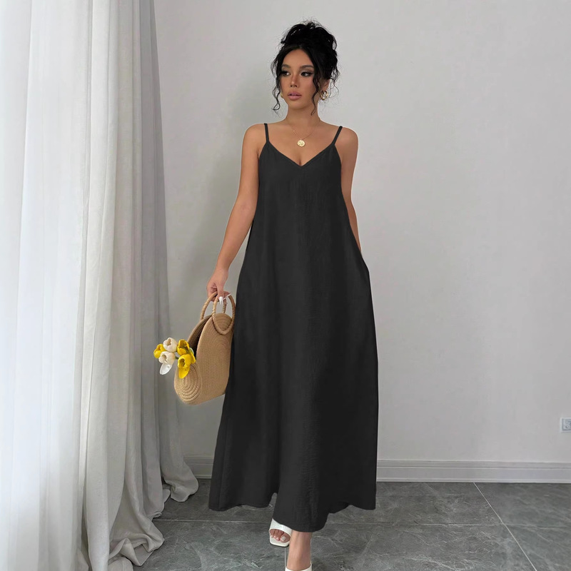 European and American Cross-Border Hot-Selling Elegant Black Solid Color Spaghetti Strap Dress, Sleeveless Vacation Style Long Dress
