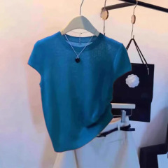 フランスの青い氷のシルクの小さい飛袖の半袖のニットのtシャツの女性の夏のデザイン感の小さい大衆の修身の短い上着は薄いです。