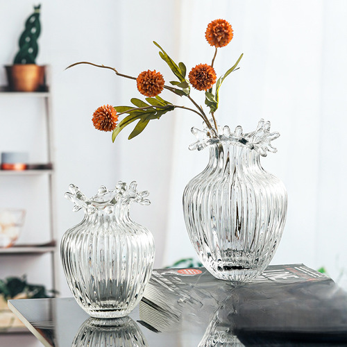 Modern Minimalist Wave Mouth Transparent Glass Vase for Living Room Bedroom Dining Table Flower Arrangement Water Planting Home Decor Ornament
