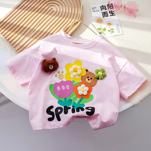 Girls' Short Sleeve T-Shirt Children's Summer Thin Cute Matchable 3D Decorated Flowers Girls' Half Sleeve Top
