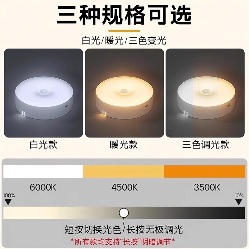 円形小夜灯磁気吸引充電寝室ベッドトイレ階段机睡眠保護眼調整明るさ省エネ灯|undefined