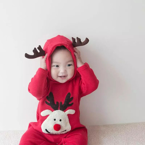24 autumn and winter new Korean style baby jumpsuit ins style Christmas baby crawling suit fawn embroidered baby clothes