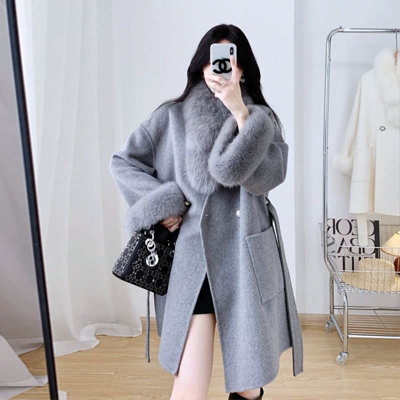 Double-sided cashmere long coat, jacket, 2023 collection, mid-length