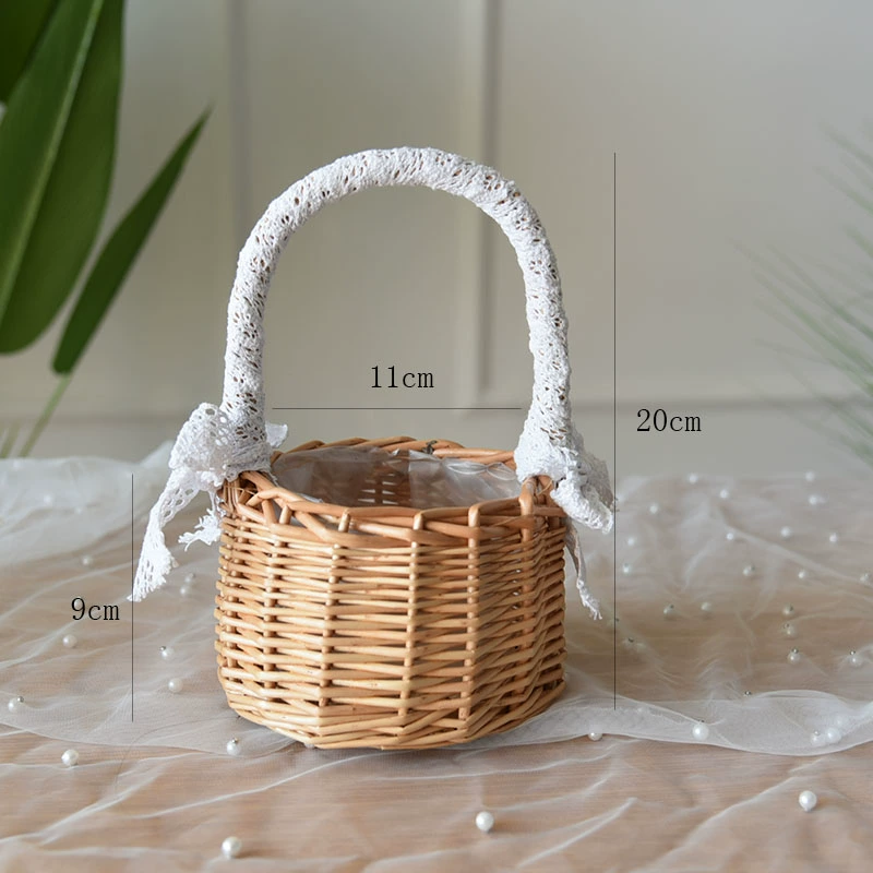 ✅Плетёная корзина для цветов из лозы-раппира, кружевная, принцесса, девочка на руку, круглая флористика, горшок для цветов, ручная корзина для цветов