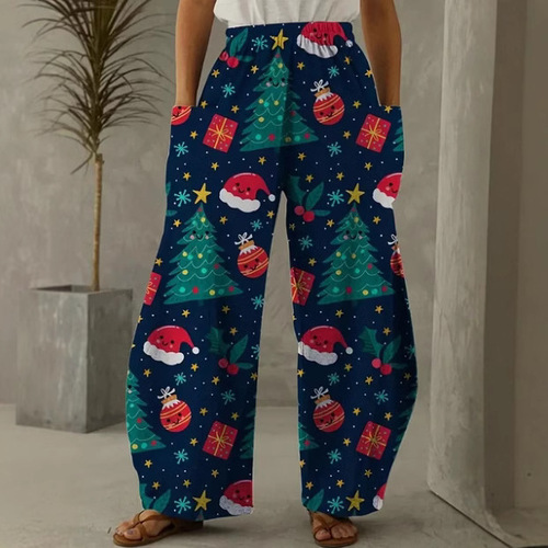 European, American and Korean women's pants, double pockets, loose color creative design, Christmas wear, 3D digital print