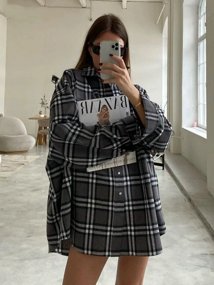 เสื้อแขนยาวฤดูใบไม้ร่วงย้อนยุค ลายตาราง หลายสี ไซส์ S–XL