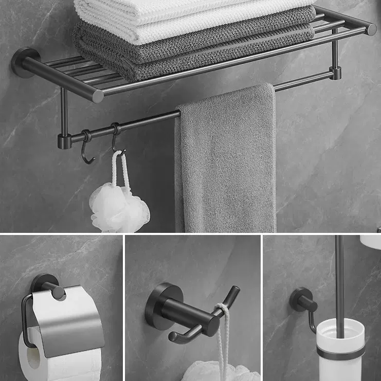 全铜轻奢枪灰色毛巾架浴巾架卫生间置物架打孔浴室卫浴挂件套装