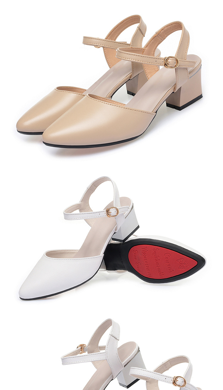 Sandal cao gót nữ mũi nhọn bít mũi da thật gót thô — Màu trắng chi tiết 16