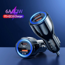 6A QC3.0车充双快充带PD Type-c车载快充头 点烟器一拖二闪充车充