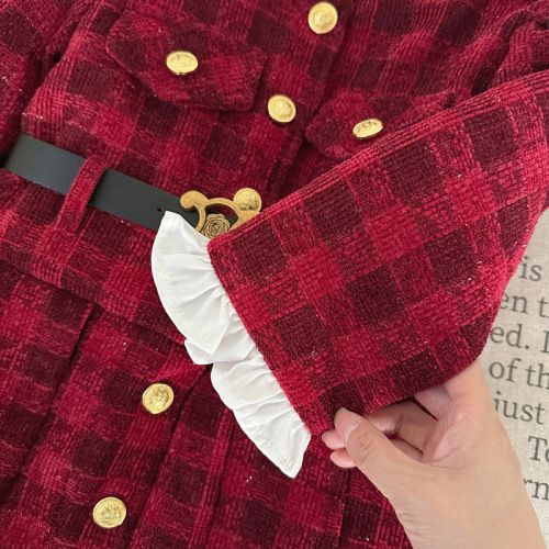 Little Girl's Plaid Long-Sleeve Dress 2025 Autumn Winter Princess Dress for Young Children with Lace Waist Cinch and Fleece