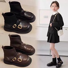 儿童袜靴女童靴子真软皮黑色短靴袜子鞋秋季2025新款英伦风二棉靴