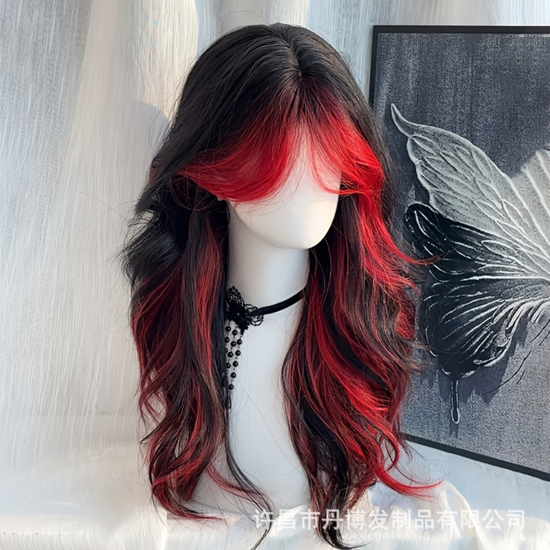 Cross-border European and American wig red and black highlights long curly hair with large waves goth rose punk style full head cover
