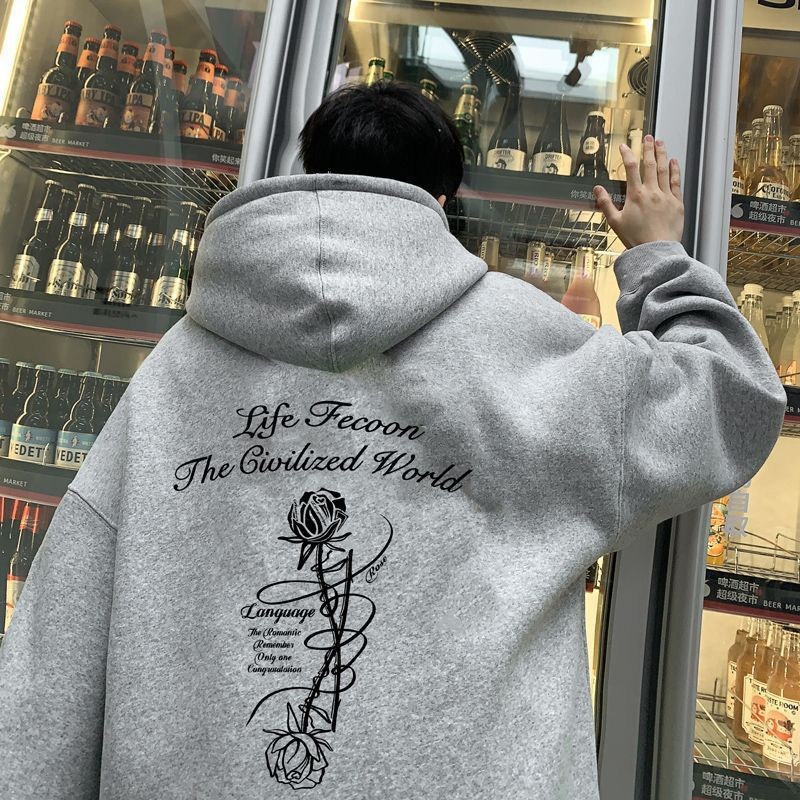 Primavera y otoño vino rojo americano retro Rosa impresión suéter con capucha niños Otoño e Invierno Polar-forrado moda marca abrigo pesado