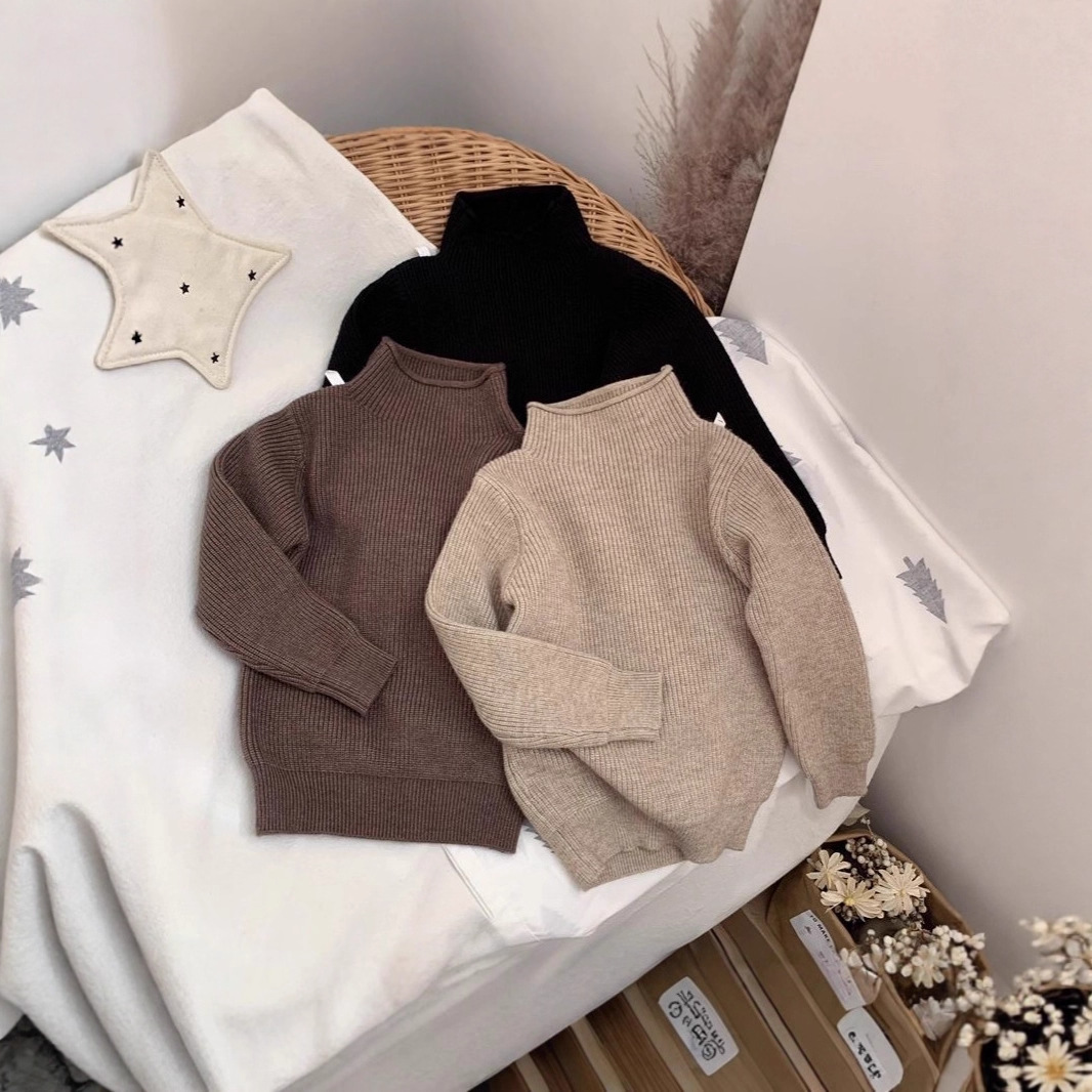 Korean style children's turtleneck solid color base layer shirt, boys and girls, spring and autumn pullover, 2026 new knitted sweater.