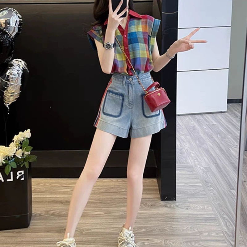 Модный молодежный топ и стильные брюки, комплект из двух предметов для женщин, модная рубашка в радужную клетку и комплект джинсовых шорт для женщин, лето.