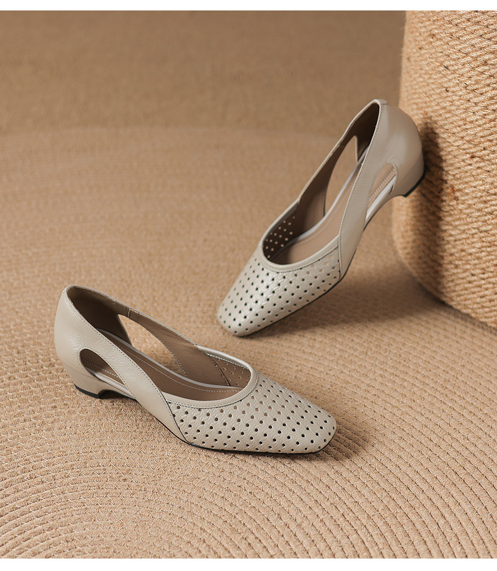 Giày sandal nữ mũi vuông gót thấp 3,5 cm da cừu đục lỗ hở mũi — đen chi tiết 20