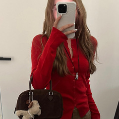 韩系红色针织开衫女早秋穿搭设计感修身显瘦收腰长袖打底内搭上衣